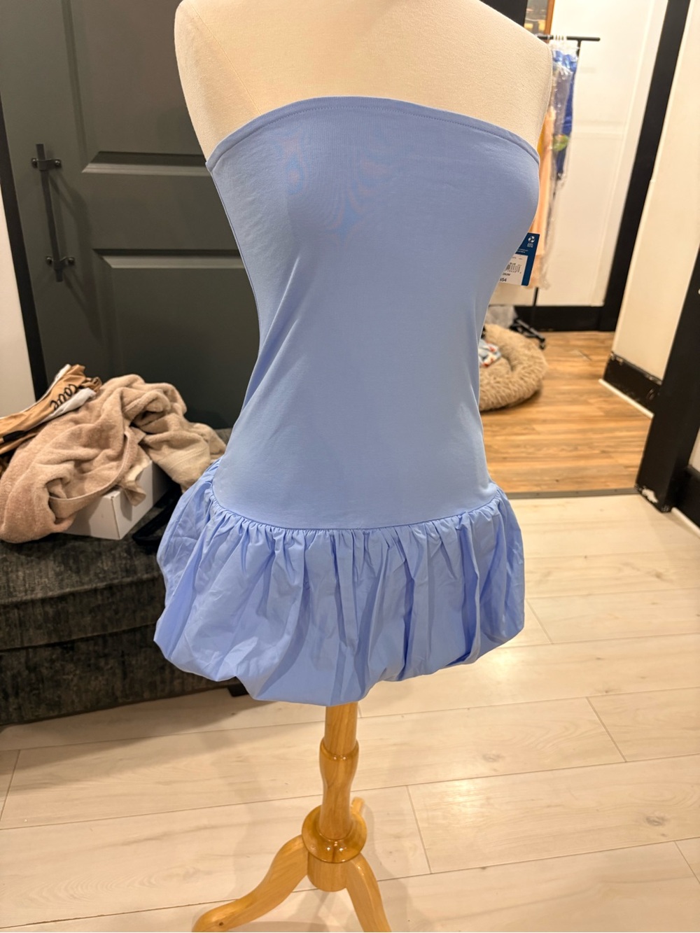 Light Blue Strapless Bandeau Dress with Ruffle Hem